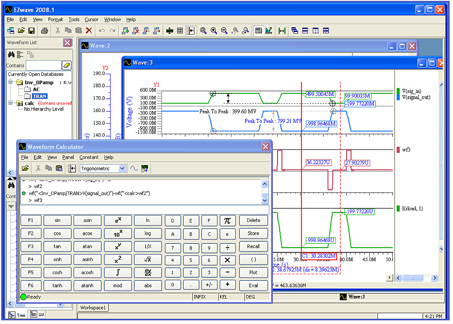 Use built-in measurement tools and the waveform calculator to perform post-processing analysis of the results